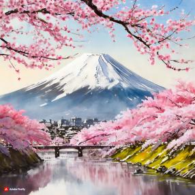  Firefly Pink cherry blossoms in bloom in Tokyo and Mount Fuji covered in snow